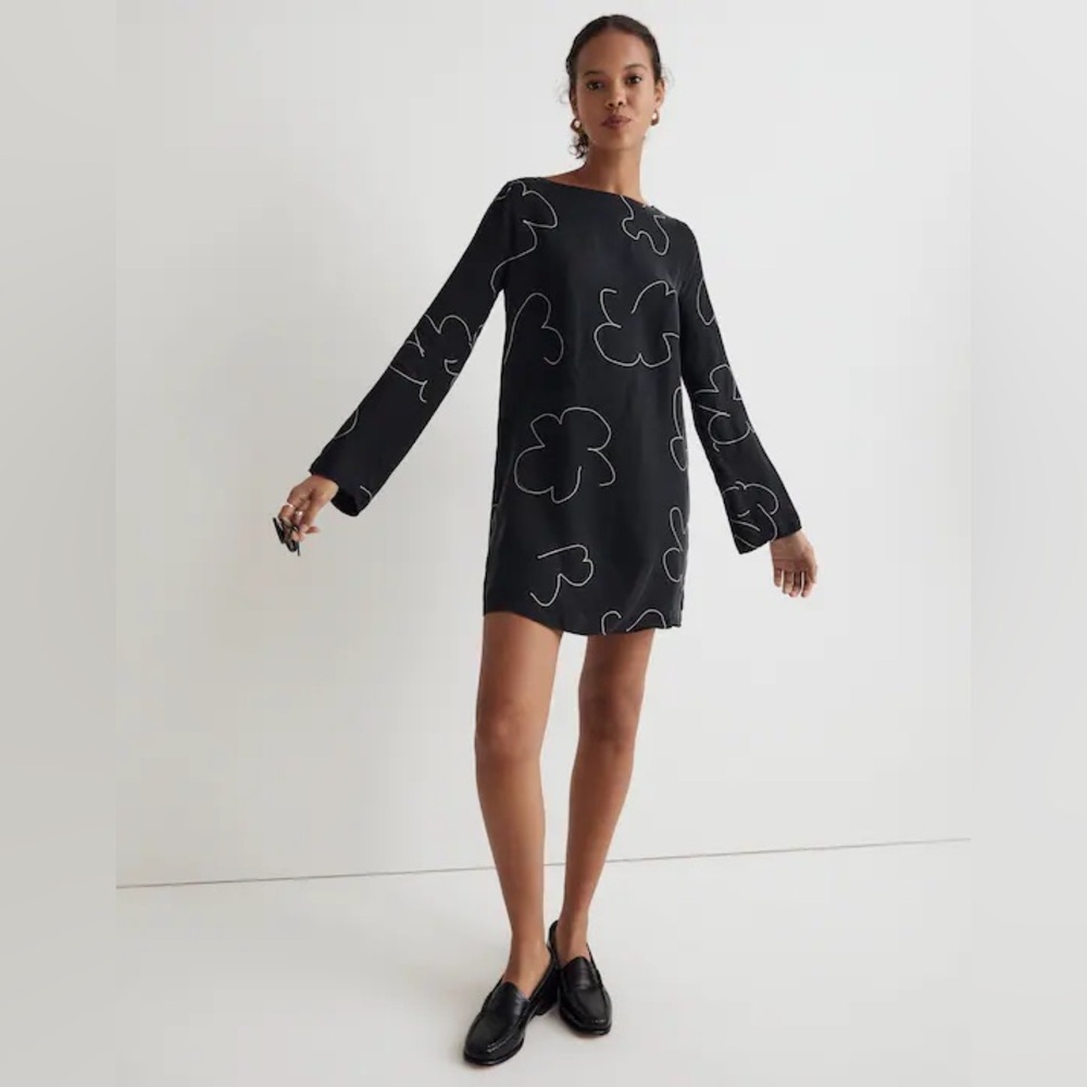 Madewell Shift Mini Dress Cupro True Black Flowers‎ Abstract Floral NWT Size XXS